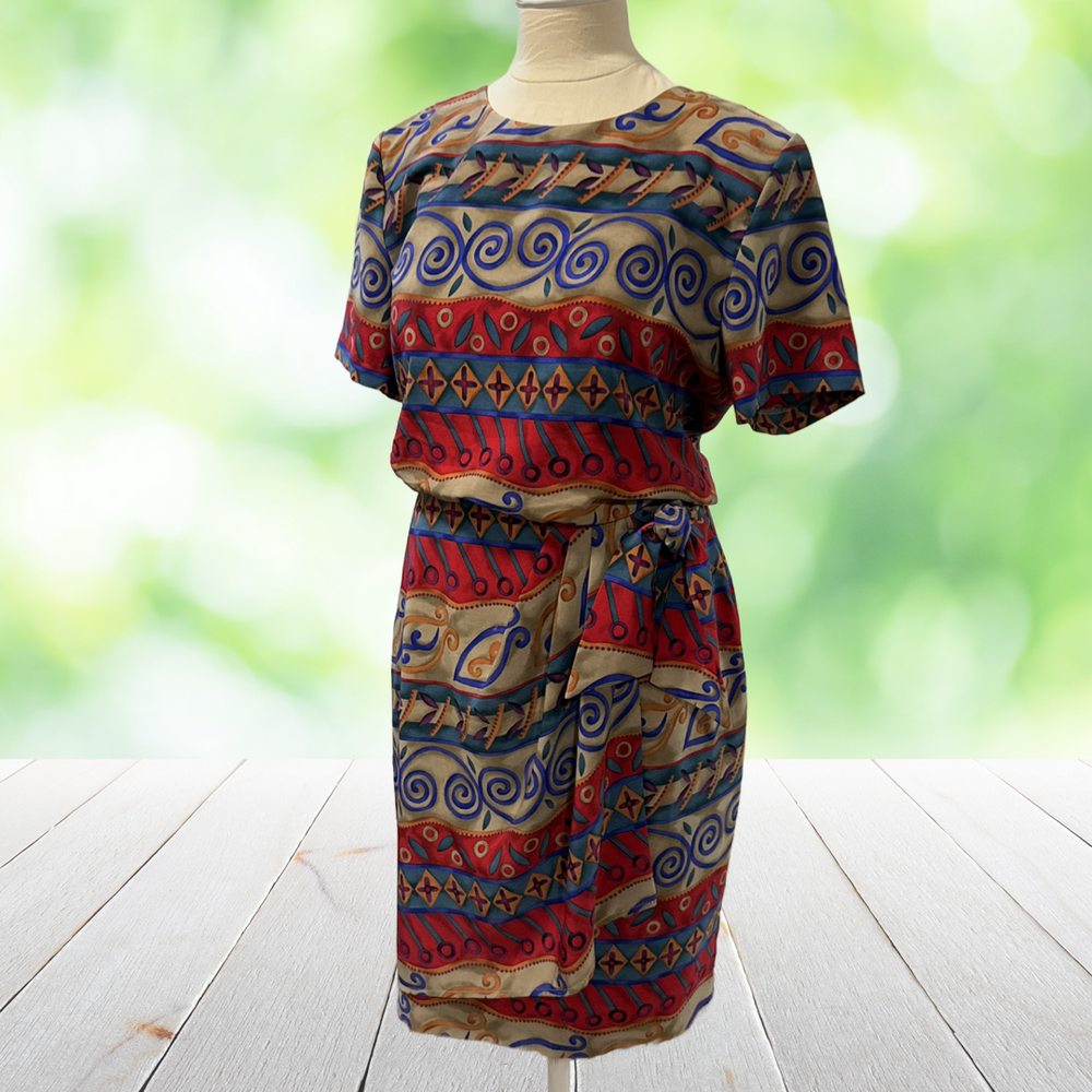 Vintage J STEVENS Faux Sarong Dress Geometric Abstract Print Made USA Size 14